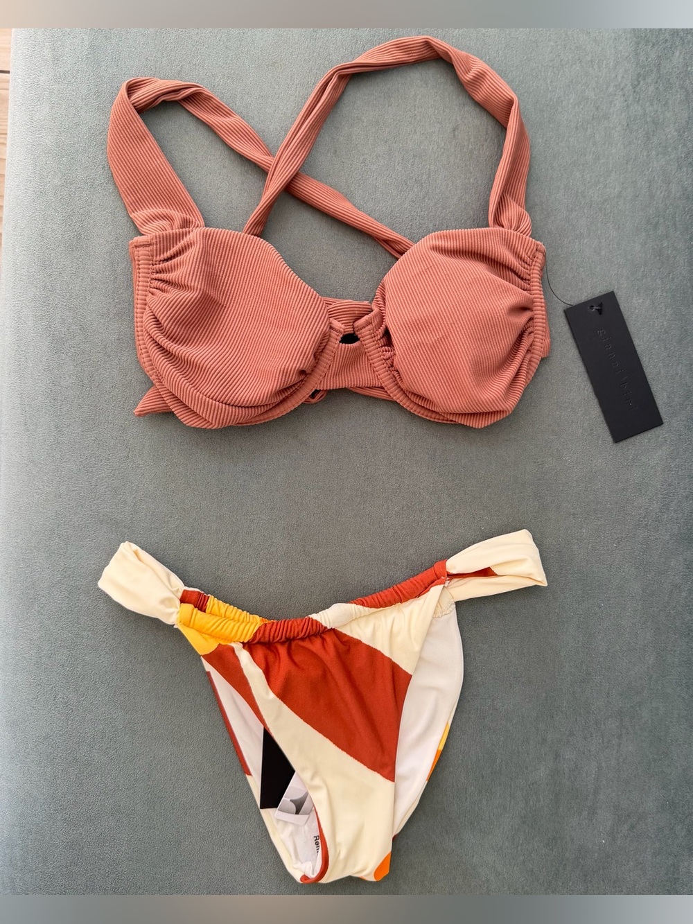 Gianni Bini Rust Ribbed Underwire Bikini Top with Multicolor Print Bottom